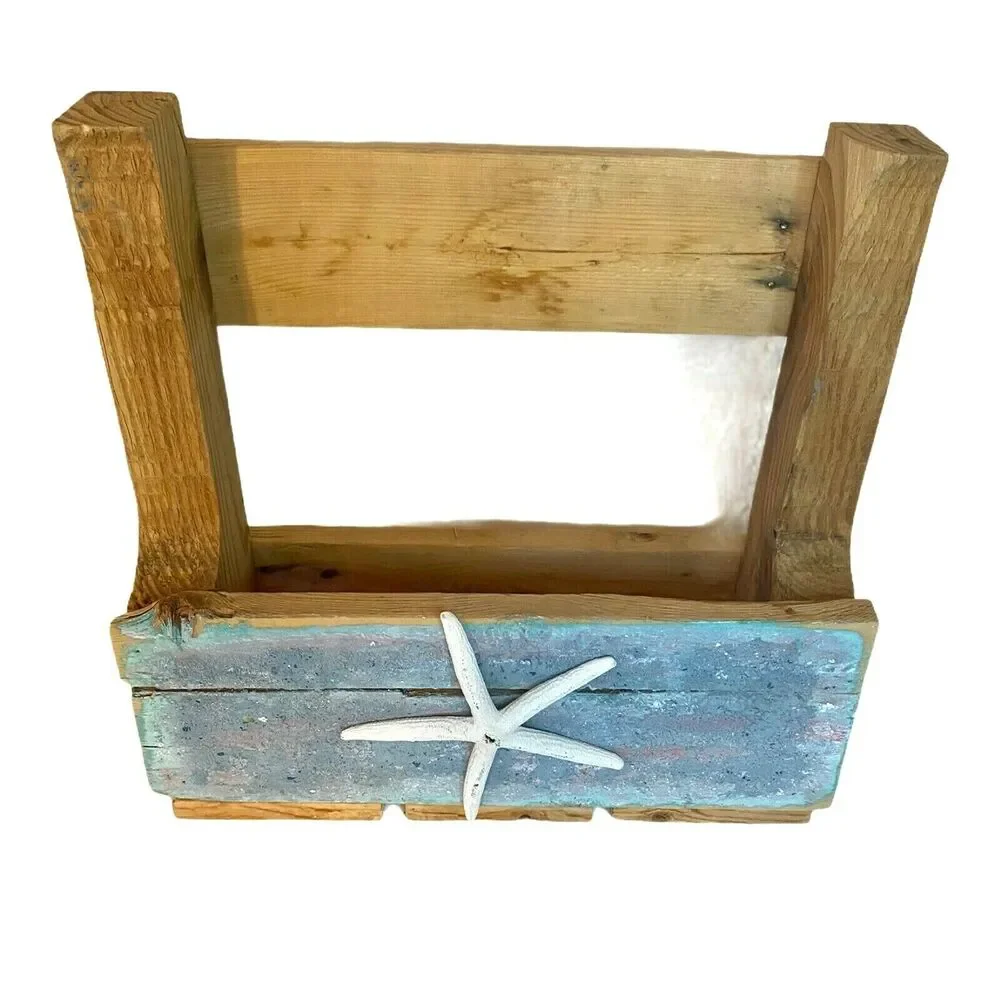 STARFISH Hand Painted Rustic BEACH Planter Box Reclaimed Wood Stand Shelf Bin